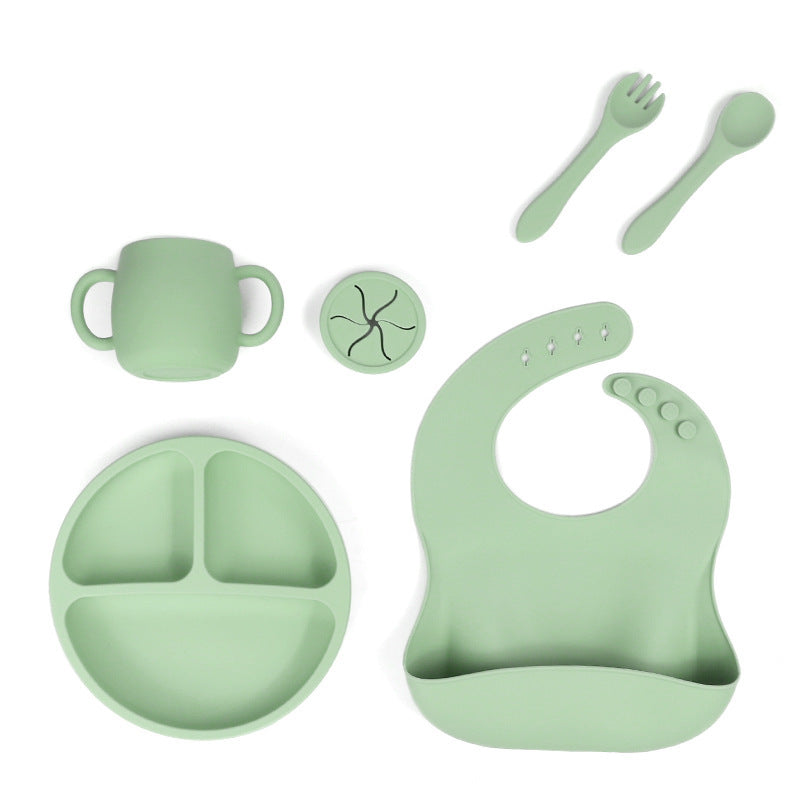 Green 095# Silicone Baby Feeding Set Suction Plate Bib Cup & Utensils | Bpa Free Tableware