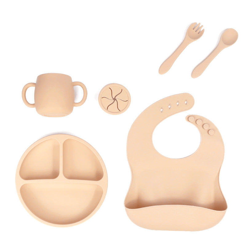 Beige 013 Silicone Baby Feeding Set Suction Plate Bib Cup And Utensils Bpa Free Tableware