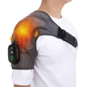 Gray Rechargeable Heated Shoulder Massager With Led Display Adjustable Compression Wrap For Pain Relief And Relaxation