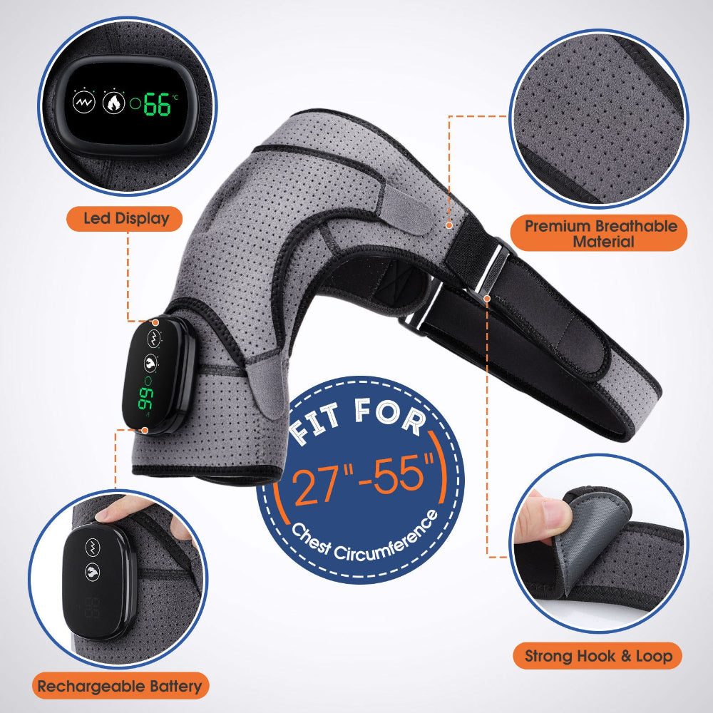 Gray Rechargeable Heated Shoulder Massager With Led Display Adjustable Compression Wrap For Pain Relief And Relaxation