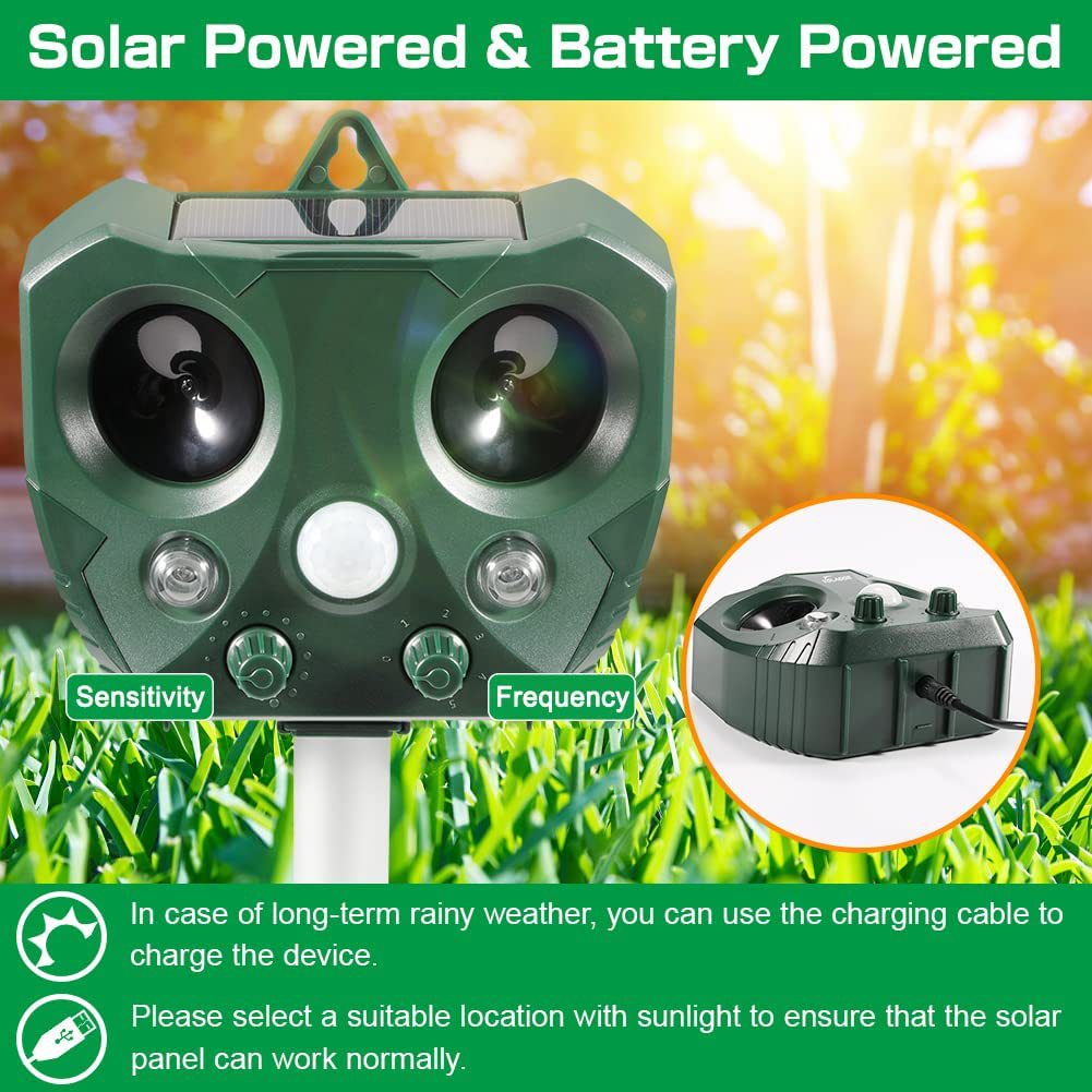 Sjz668a Solar Powered Ultrasonic Animal Repellent With Motion Sensor & Led Flashing Lights