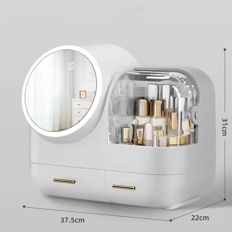 Ivory White Led Vanity Makeup Organizer With Partition Storage And Touch Control Mirror Large Capacity Cosmetic Box