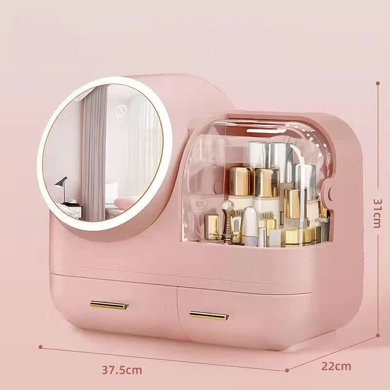 Pink Led Vanity Makeup Organizer With Partition Storage And Touch Control Mirror Large Capacity Cosmetic Box