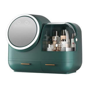 Green Led Vanity Makeup Organizer With Partition Storage And Touch Control Mirror Large Capacity Cosmetic Box