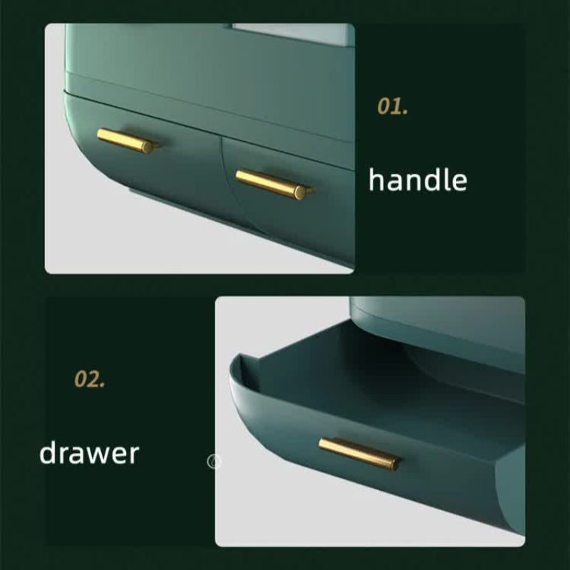 Green Led Vanity Makeup Organizer With Partition Storage And Touch Control Mirror Large Capacity Cosmetic Box