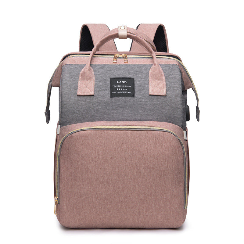 Multifunctional Diaper Backpack With Mosquito Net And Insulated Pockets Pink Grey