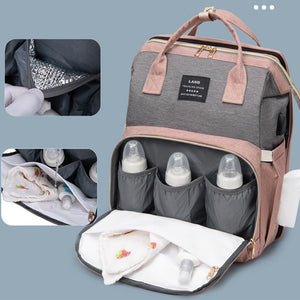 Multifunctional Diaper Backpack With Mosquito Net And Insulated Pockets Pink Grey