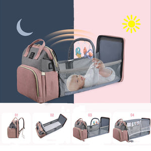 Multifunctional Diaper Backpack With Mosquito Net And Insulated Pockets Pink Grey