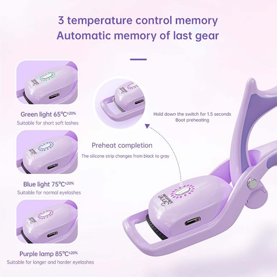 Purple Electric Heated Eyelash Curler 3 Temperature Settings Rechargeable Compact Design