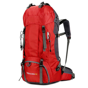 Red 60L Waterproof Hiking Backpack With Multi Pocket Design For Outdoor Adventures