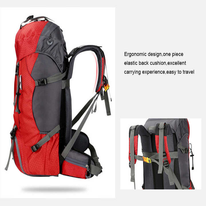 Red 60L Waterproof Hiking Backpack With Multi Pocket Design For Outdoor Adventures