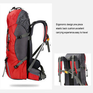 Red 60L Waterproof Hiking Backpack With Multi Pocket Design For Outdoor Adventures