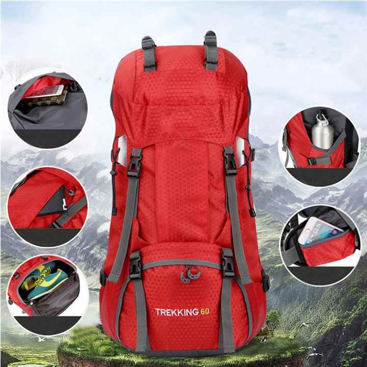 Red 60L Waterproof Hiking Backpack With Multi Pocket Design For Outdoor Adventures