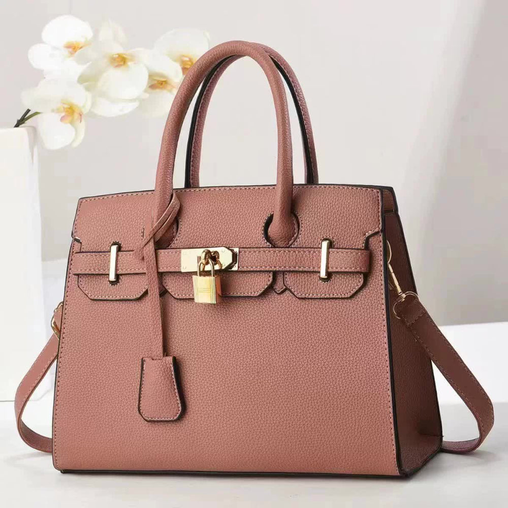 Pink Elegant Pu Leather Handbag With Lock Decoration Structured Tote Bag For Women