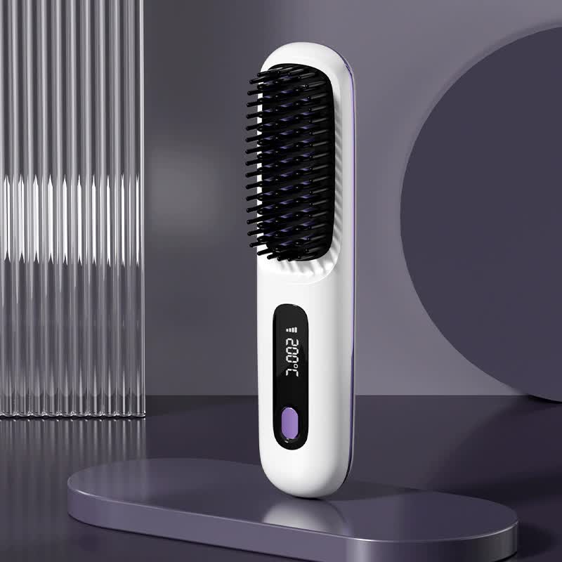 White Wireless Hair Straightening Brush Compact And Rechargeable Styling Tool