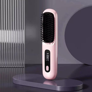 Pink Wireless Hair Straightening Brush Compact And Rechargeable Styling Tool