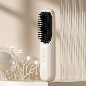 Off White Rechargeable Wireless Hair Straightening Brush Sleek And Portable Styling Tool