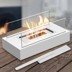 Portable Detachable Tabletop Bioethanol Fireplace White Rectangular Design With Glass Shields