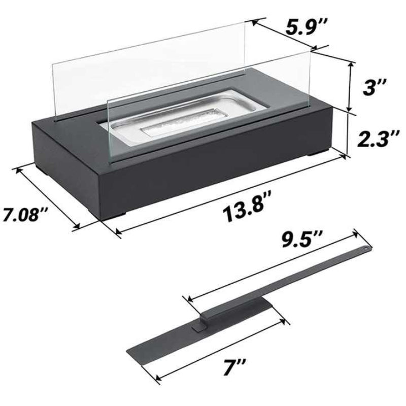 Portable Detachable Tabletop Bioethanol Fireplace Black Rectangular Design With Glass Shields