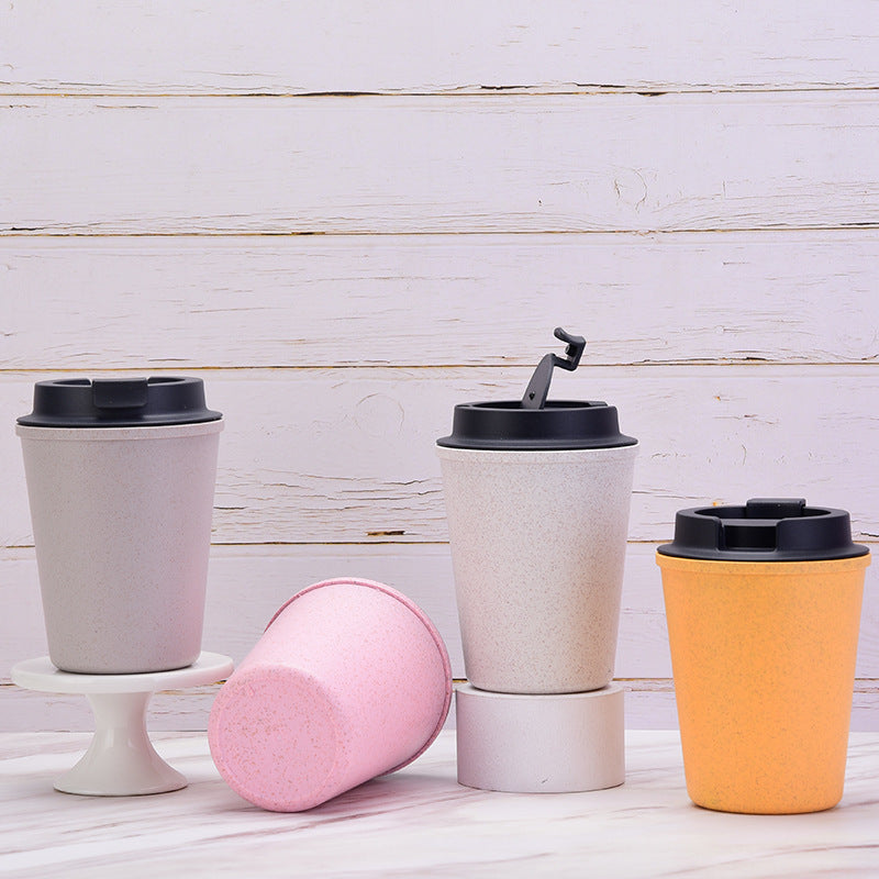 Pink 350Ml Wheat Straw Double Layer Coffee Cup Eco Friendly And Lightweight