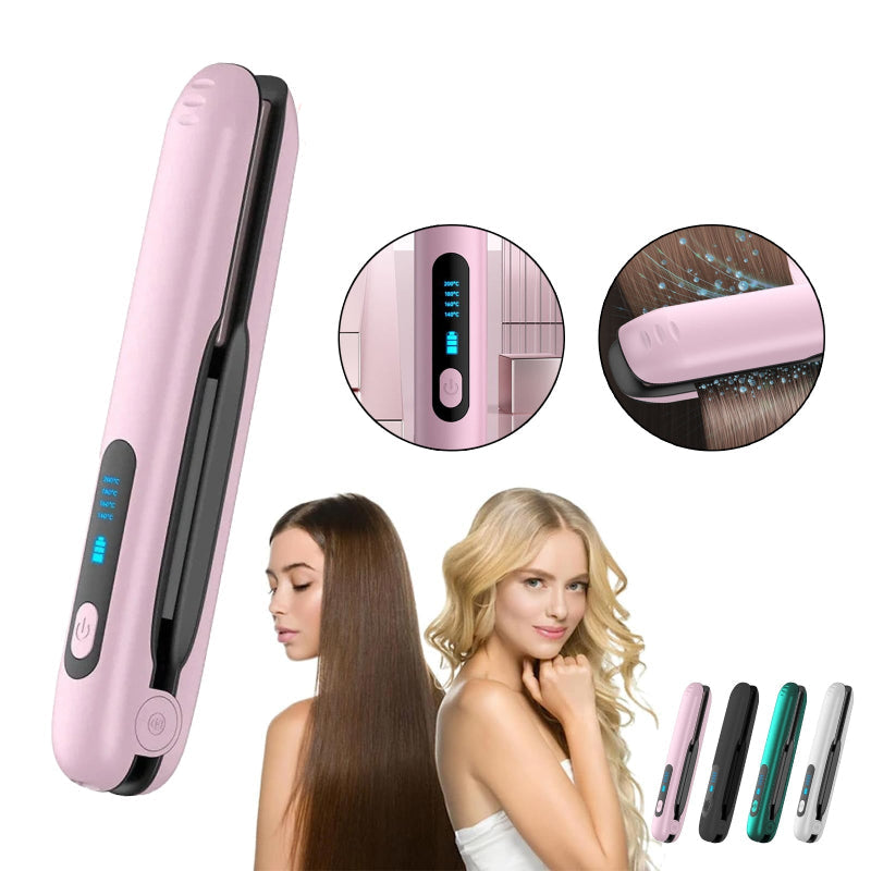 Pink Wireless Rechargeable Hair Straightener With 5000Mah Battery Portable Design & Adjustable Temperature