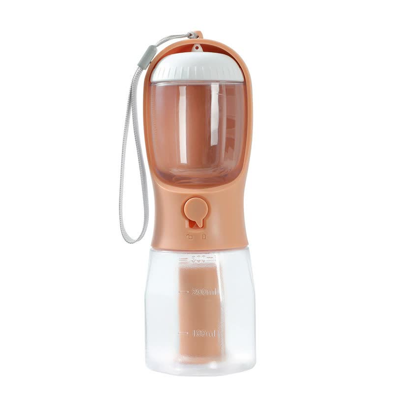 Orange 3 In 1 Portable Pet Water Bottle With Food Storage And Waste Bag Dispenser 300Ml Capacity