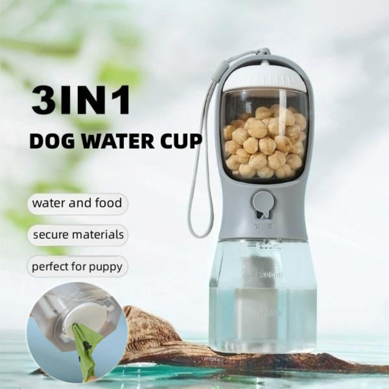 Orange 3 In 1 Portable Pet Water Bottle With Food Storage And Waste Bag Dispenser 300Ml Capacity