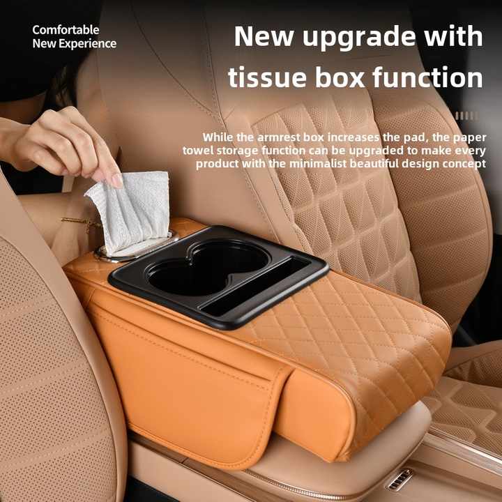 Gt 6 No Embroidery Black Multifunctional Car Armrest Storage Box Cushion Universal Fit With Cup Holder And Tissue Dispen