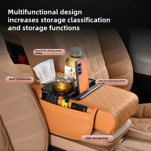 Gt 6 No Embroidery Black Multifunctional Car Armrest Storage Box Cushion Universal Fit With Cup Holder And Tissue Dispen