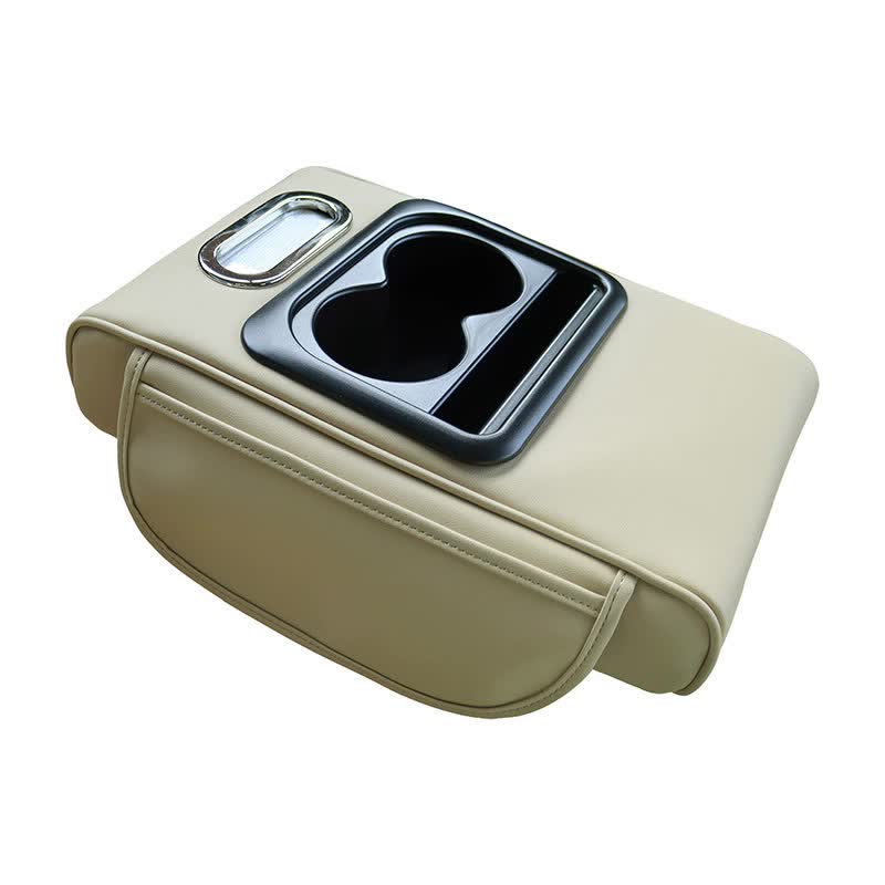 Gt 6 No Embroidery Beige Multifunctional Car Armrest Storage Box Cushion Universal Fit With Cup Holder And Tissue Dispen