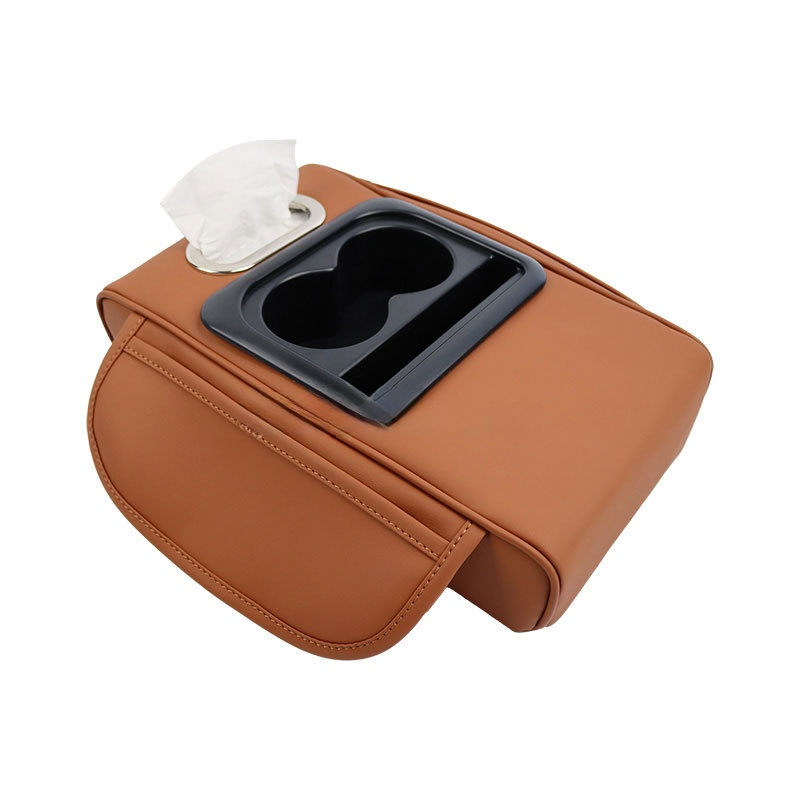 Gt 6 No Embroidery Orange Multifunctional Car Armrest Storage Box Cushion Universal Fit With Cup Holder And Tissue Dispe