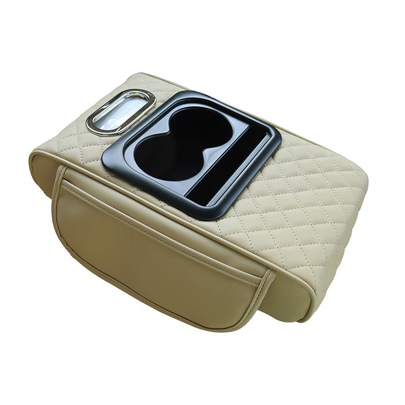 Gt 6 Embroidery Beige Multifunctional Car Armrest Storage Box Cushion Universal Fit With Cup Holder And Tissue Dispenser