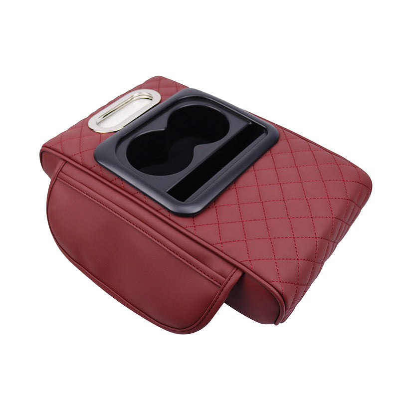 Gt 6 Embroidery Wine Red Multifunctional Car Armrest Storage Box Cushion Universal Fit With Cup Holder And Tissue Dispen