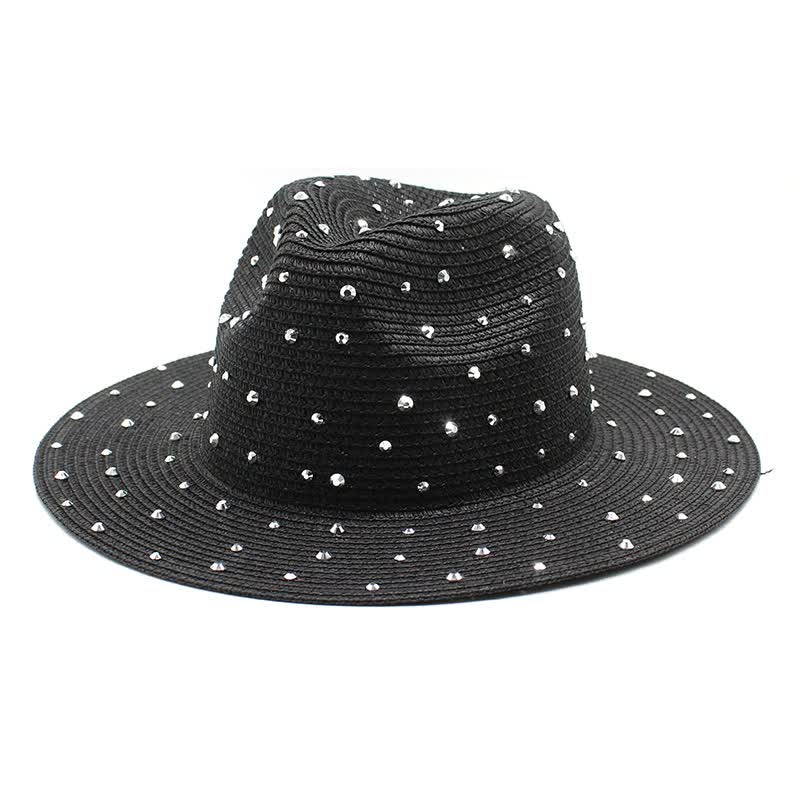 Black Women's Wide Brim Straw Hat With Rhinestones Elegant And Breathable Sun For Summer Outdoorsm(56 58Cm)