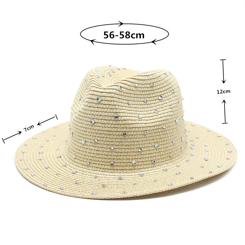 Black Women's Wide Brim Straw Hat With Rhinestones Elegant And Breathable Sun For Summer Outdoorsm(56 58Cm)