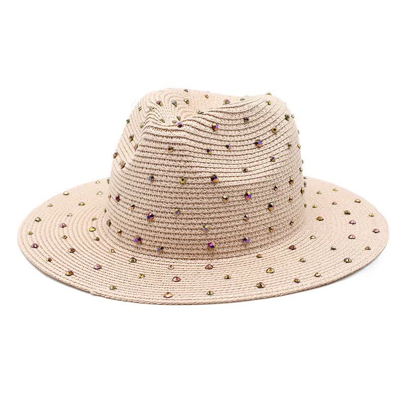 Pink Women's Wide Brim Straw Hat With Rhinestones Elegant And Breathable Sun For Summer Outdoorsm(56 58Cm)