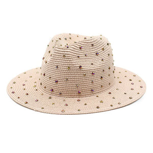 Pink Women's Wide Brim Straw Hat With Rhinestones Elegant And Breathable Sun For Summer Outdoorsm(56 58Cm)