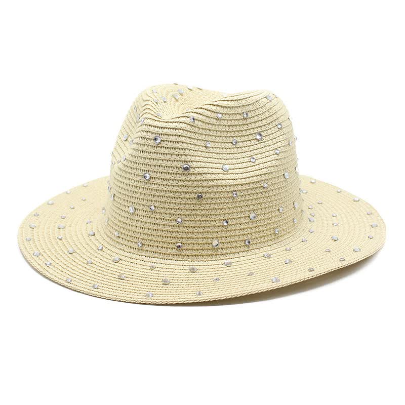 Beige Women's Wide Brim Straw Hat With Rhinestones Elegant And Breathable Sun For Summer Outdoorsm(56 58Cm)