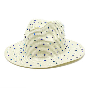 Milky White Women's Wide Brim Straw Hat With Rhinestones Elegant And Breathable Sun For Summer Outdoorsm(56 58Cm)