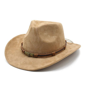 Light Tan Unisex Faux Suede Western Cowboy Hat Wide Brim Vintage Fedora For Outdoor Travel