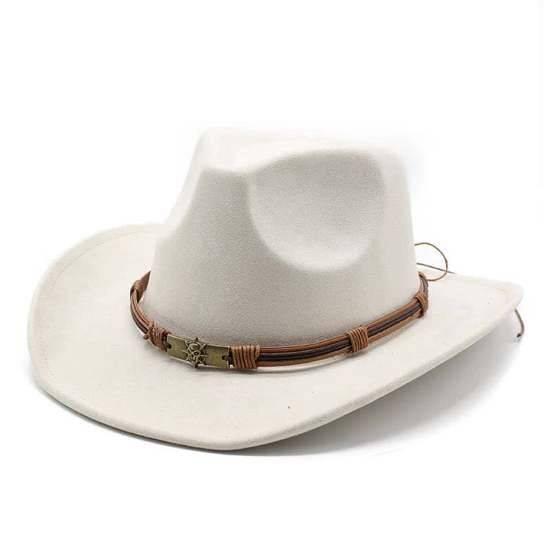 Off White Unisex Faux Suede Western Cowboy Hat Wide Brim Vintage Fedora For Outdoor Travelm(57 58Cm)