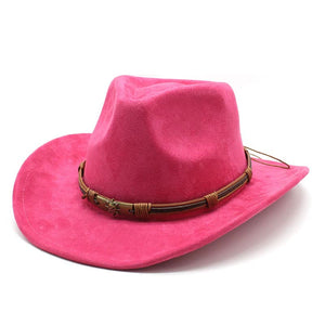 Rose Red Unisex Faux Suede Western Cowboy Hat Wide Brim Vintage Fedora For Outdoor Travelm(57 58Cm)