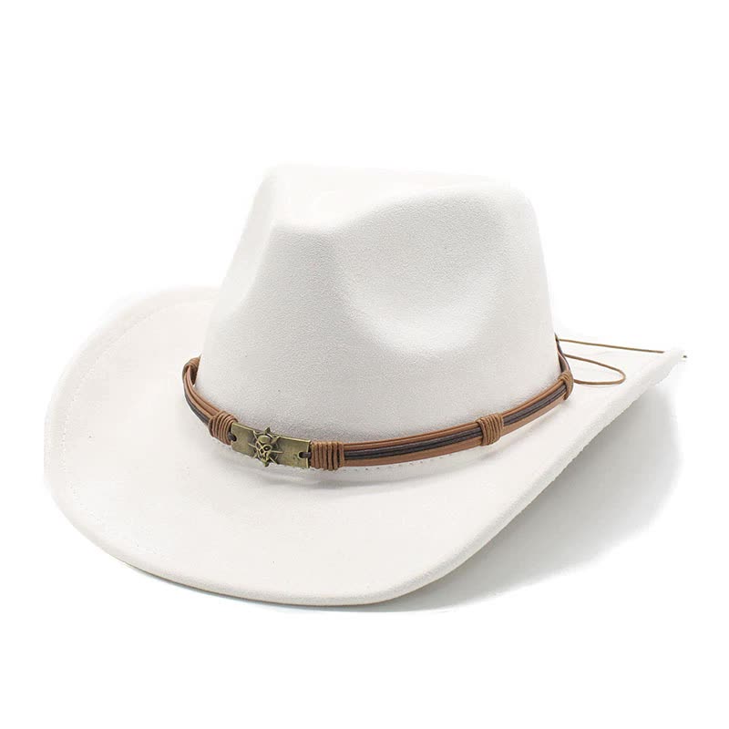 Milky White Unisex Faux Suede Western Cowboy Hat Wide Brim Vintage Fedora For Outdoor Travelm(57 58Cm)