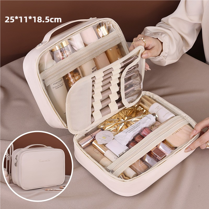 White Portable Pu Leather Makeup Bag With Detachable Divider Travel Cosmetic Organizer