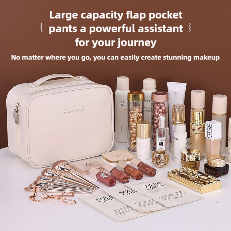 White Portable Pu Leather Makeup Bag With Detachable Divider Travel Cosmetic Organizer