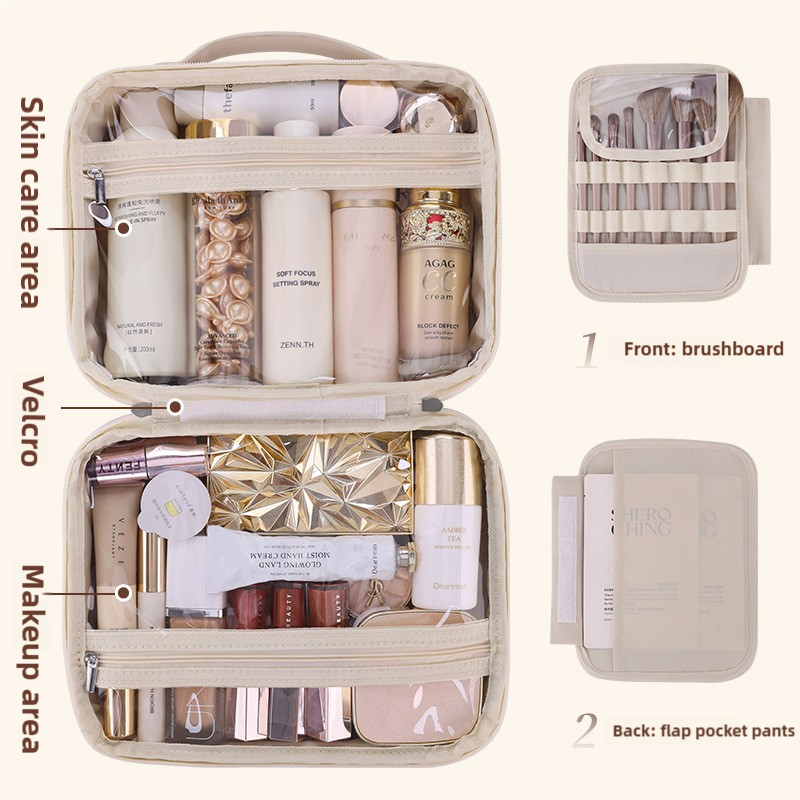 White Portable Pu Leather Makeup Bag With Detachable Divider Travel Cosmetic Organizer