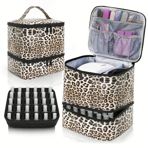 Leopard Double Layer Pu Nail Polish Storage Case With High Capacity For Essential Oils And Lamp Portable & Adjustable