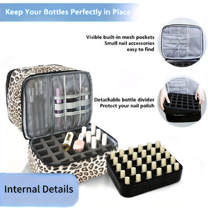 Leopard Double Layer Pu Nail Polish Storage Case With High Capacity For Essential Oils And Lamp Portable & Adjustable