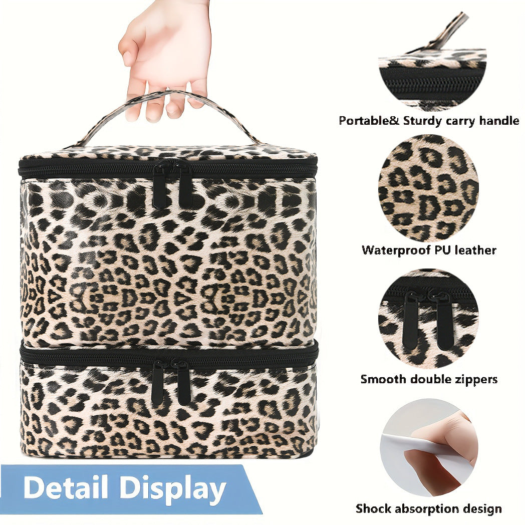 Leopard Double Layer Pu Nail Polish Storage Case With High Capacity For Essential Oils And Lamp Portable & Adjustable