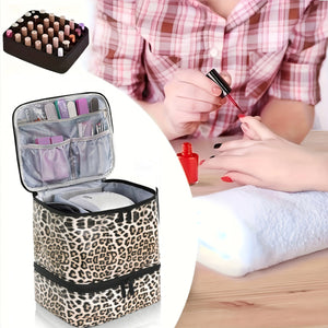 Leopard Double Layer Pu Nail Polish Storage Case With High Capacity For Essential Oils And Lamp Portable & Adjustable